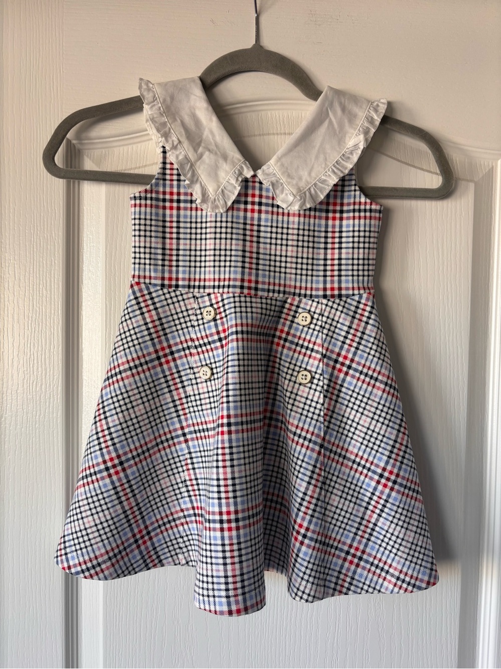 Janie & Jack True Red White Blue Plaid ponte ruffle collar dress size 3T
